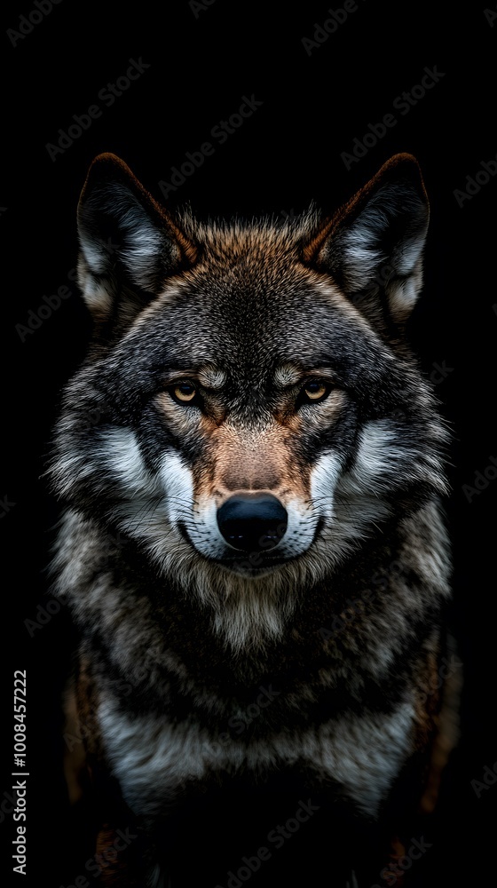 Obraz premium Portrait of a wolf, looking at the camera, against a black background