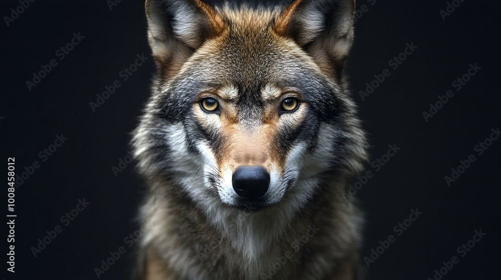 Portrait of a wolf, looking at the camera, against a black background Portrait of a wolf, looking at the camera, against a black background
