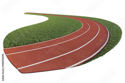 Curved running track with green grass on a bright sunny day.