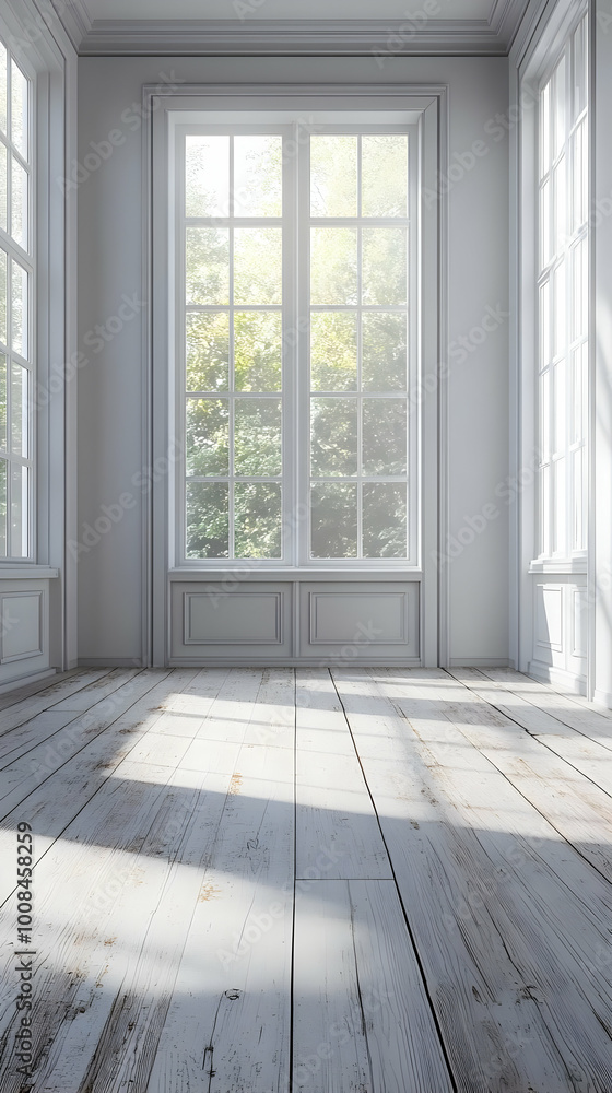 Illustration of Sunlit White Room with Large Windows and Wood Floor Illustration of Sunlit White Room with Large Windows and Wood Floor