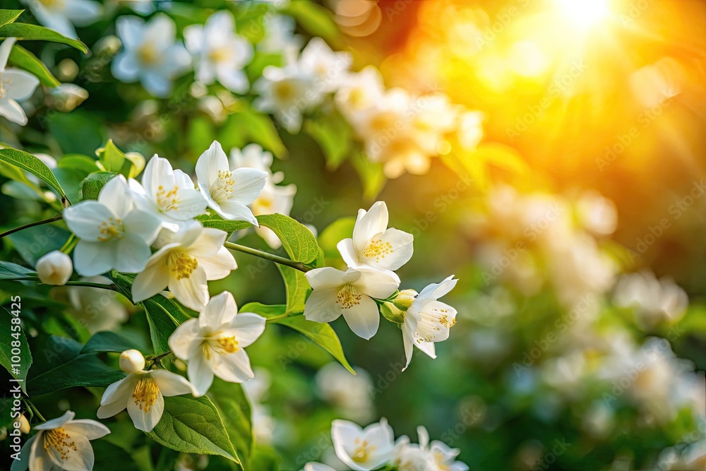 Delicate jasmine flowers blooming in a lush green garden under bright sunlight during spring season Delicate jasmine flowers blooming in a lush green garden under bright sunlight during spring season