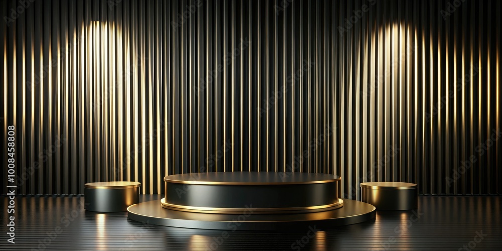 Sleek 3D visualization of an abstract black and gold backdrop, featuring a minimalist empty stage with a cylindrical podium, perfect for showcasing products or presentations. Sleek 3D visualization of an abstract black and gold backdrop, featuring a minimalist empty stage with a cylindrical podium, perfect for showcasing products or presentations.