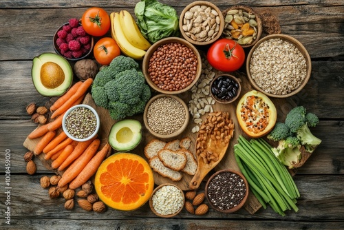 High fiber foods for healthy bowel. Healthy foods for intestine health. Diet and nutrition for constipation. Assortment of foods for healthy gut and digestive system. Balanced diet- generative ai