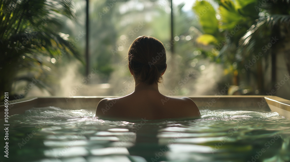 Woman Relaxing in Jacuzzi with Lush Tropical View Woman Relaxing in Jacuzzi with Lush Tropical View