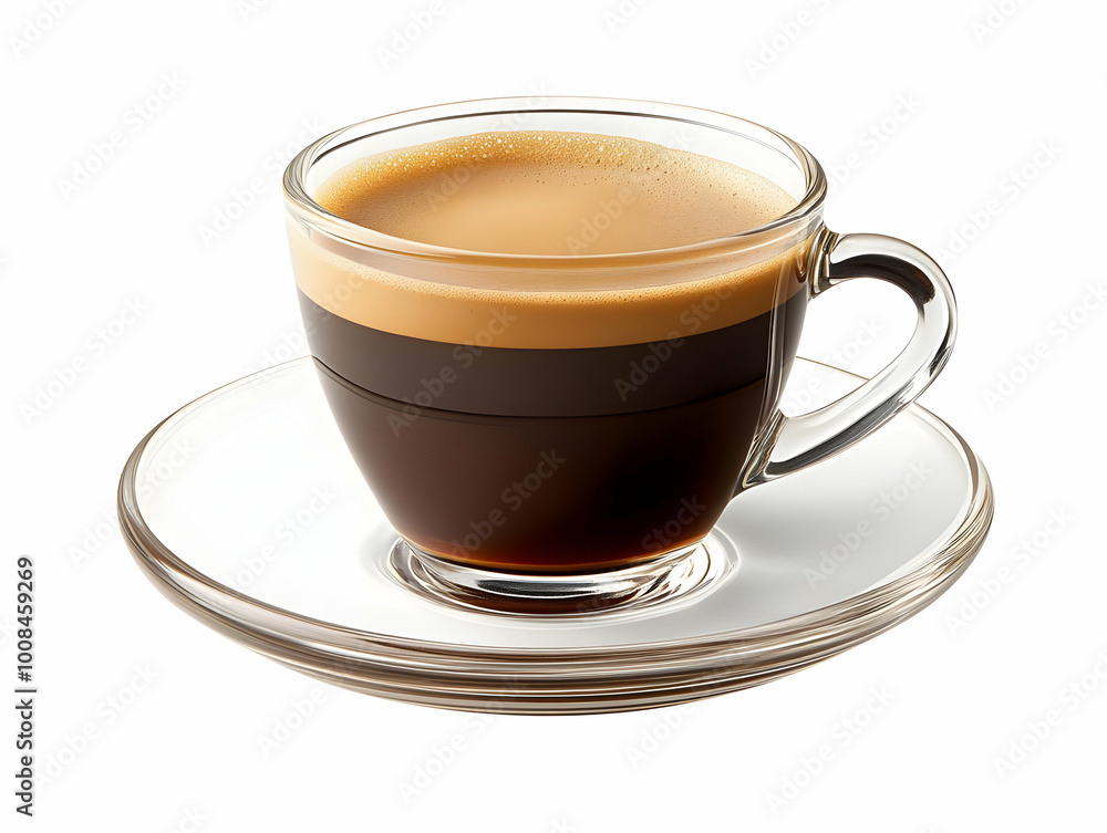 Realistic Image - Steaming Cup of Coffee on Glass Saucer Realistic Image - Steaming Cup of Coffee on Glass Saucer