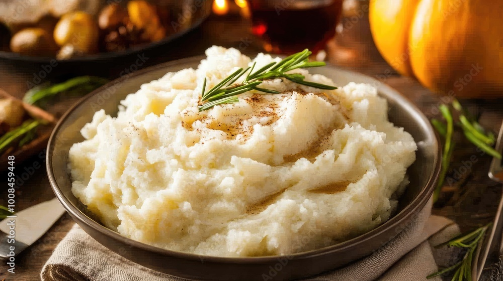 A bowl of creamy mashed potatoes with gravy, served as a side dish for a Thanksgiving feast A bowl of creamy mashed potatoes with gravy, served as a side dish for a Thanksgiving feast