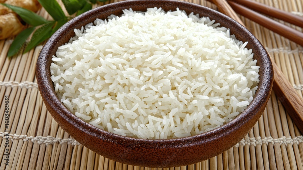 A bowl of fluffy rice served as a side dish alongside a spicy curry dish in an Asian restaurant A bowl of fluffy rice served as a side dish alongside a spicy curry dish in an Asian restaurant