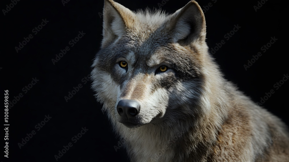 Obraz premium Portrait of a wolf, looking at the camera, against a black background