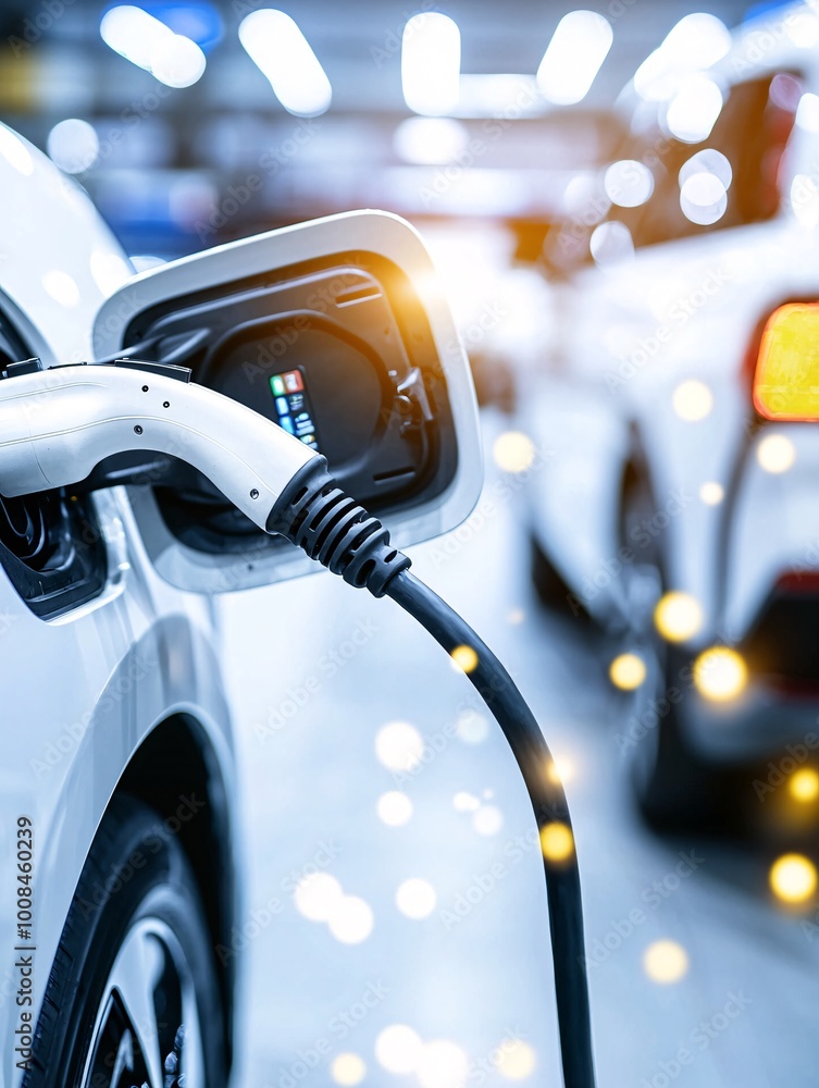 Electric company cars at a logistics hub charging station, surrounded by industrial warehouses and transport trucks, with available copy space for text. Electric company cars at a logistics hub charging station, surrounded by industrial warehouses and transport trucks, with available copy space for text.