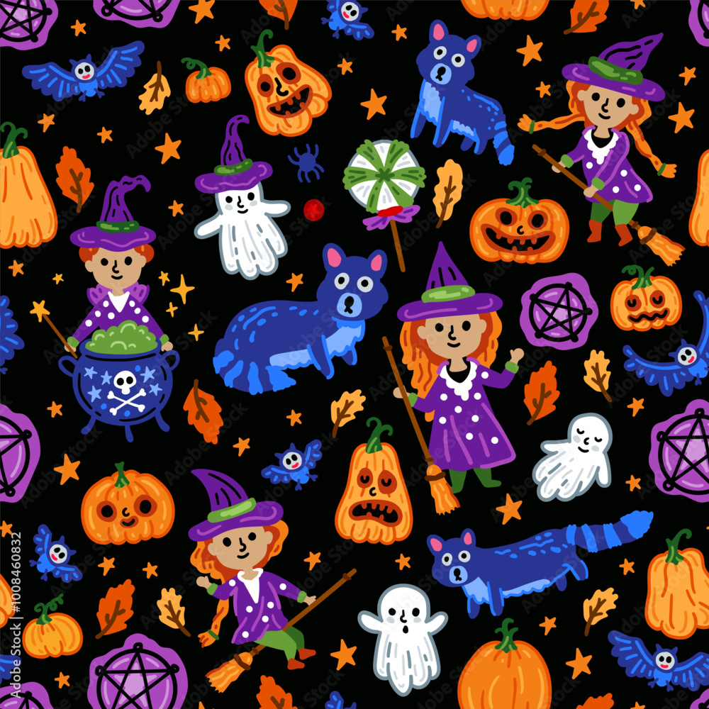 Halloween childish pumpkin background with symbols and characters seamless pattern. Children with funny and scary witch, cat and owl. Witch background with magical things Halloween childish pumpkin background with symbols and characters seamless pattern. Children with funny and scary witch, cat and owl. Witch background with magical things