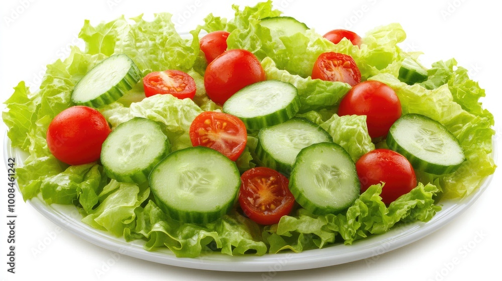 A colorful side salad with fresh greens, cherry tomatoes, and cucumbers on a ceramic plate A colorful side salad with fresh greens, cherry tomatoes, and cucumbers on a ceramic plate