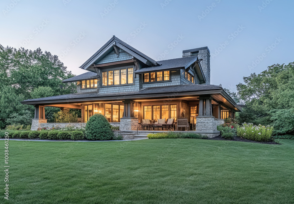 an elegant craftsman home in the evening, showcasing detailed architecture and a well-maintained front yard with lush green grass and vibrant flowers an elegant craftsman home in the evening, showcasing detailed architecture and a well-maintained front yard with lush green grass and vibrant flowers