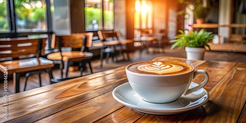 A warm cup of coffee with latte art rests on a rustic wooden table, inviting a moment of peaceful solitude in the heart of a bustling cafe.