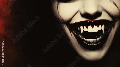 Vampire fangs. Female vampire close-up. Vampire, monster, classic horror monsters, halloween poster, flyer, advertising. Room for copy space.