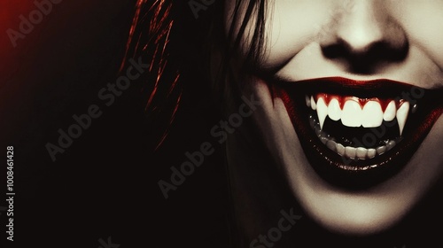 Vampire fangs. Female vampire close-up. Vampire, monster, classic horror monsters, halloween poster, flyer, advertising. Room for copy space.