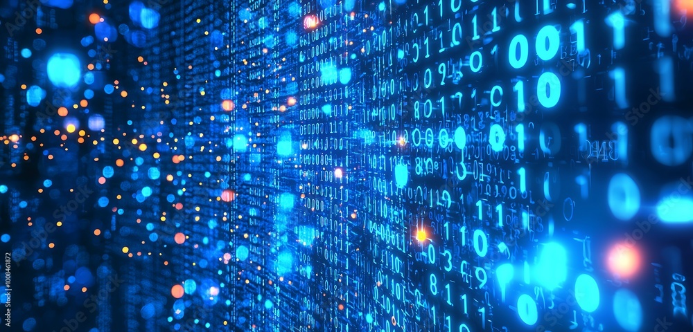 Binary code flows in vibrant blue on a screen, depicting data processing and AI applications. Binary code flows in vibrant blue on a screen, depicting data processing and AI applications.