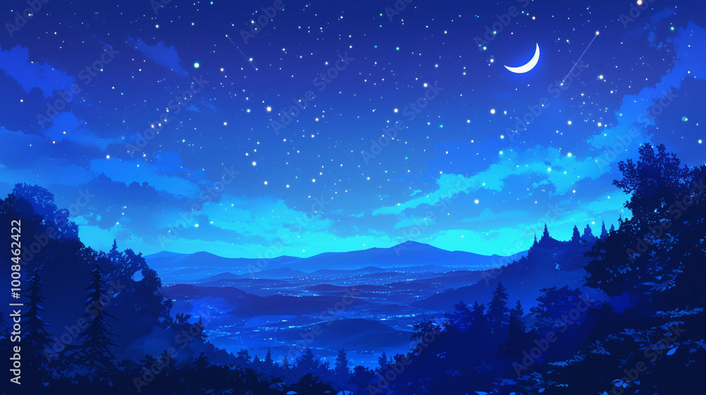 Fototapeta premium 森の中に流れる雲と星空と三日月 Generative AI