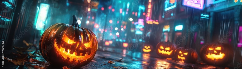 Fototapeta premium A vibrant Halloween scene with glowing pumpkins on a rainy street, illuminated by colorful neon lights, creating a spooky atmosphere.