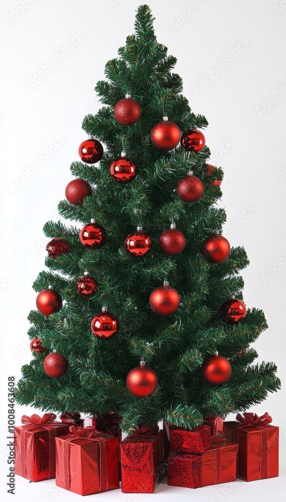 Classic Christmas. Elegant Christmas tree with red baubles and gifts on white background. Classic Christmas. Elegant Christmas tree with red baubles and gifts on white background.