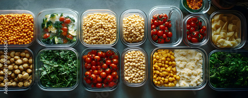 Meal Prep Photo - Freshly Cooked Chickpeas, Cherry Tomatoes, Broccoli, Arugula, and Potatoes in Glass Containers