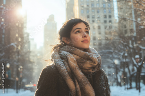 Young woman is taking a winter walk in new york city, enjoying the sun and the snow