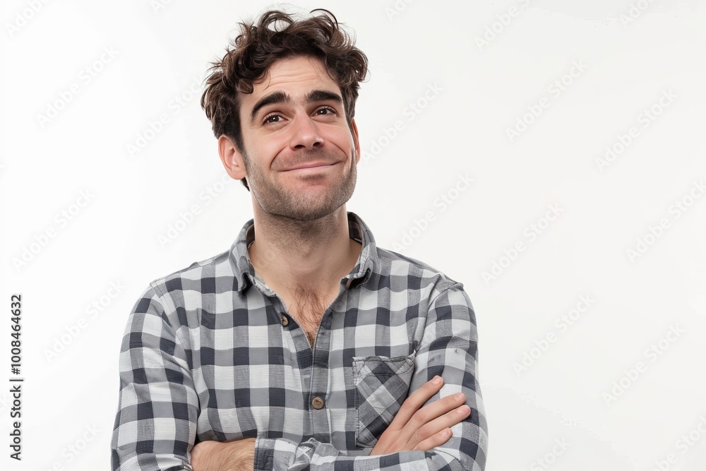 Portrait of a joyful man with arms folded, plain white background , background blur Portrait of a joyful man with arms folded, plain white background , background blur