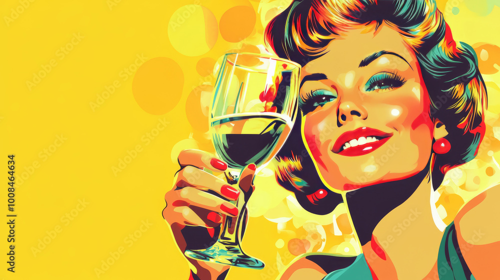A fun, retro-style illustration of a girl toasting at a party. The background is bright yellow, perfect for a celebration or party scene. The image has a pop art feel. A fun, retro-style illustration of a girl toasting at a party. The background is bright yellow, perfect for a celebration or party scene. The image has a pop art feel.