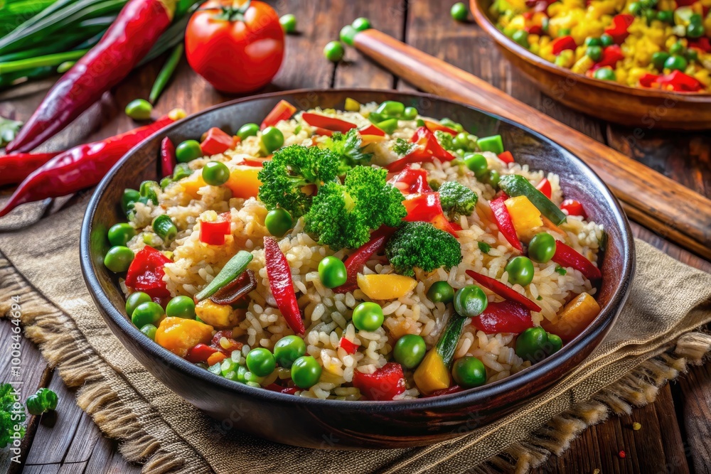 Delicious Chinese rice dish with vibrant vegetables and traditional flavors in a colorful bowl setting Delicious Chinese rice dish with vibrant vegetables and traditional flavors in a colorful bowl setting