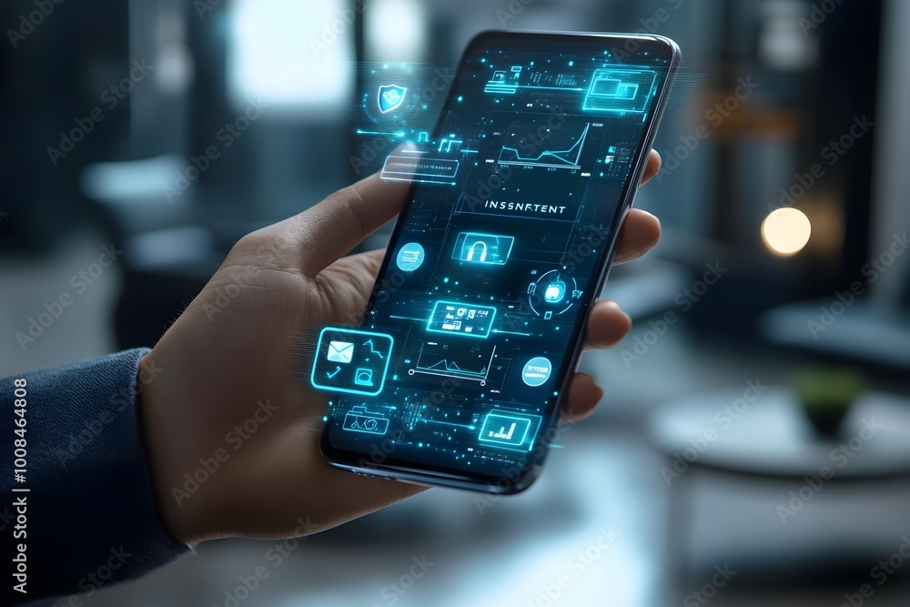 Businessperson Holding Futuristic Smartphone Displaying Virtual Insurance Icons in Modern Office Businessperson Holding Futuristic Smartphone Displaying Virtual Insurance Icons in Modern Office