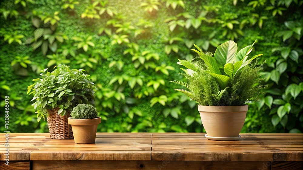 A wooden table with three potted plants, placed against a lush green wall, bathed in warm sunlight. A wooden table with three potted plants, placed against a lush green wall, bathed in warm sunlight.