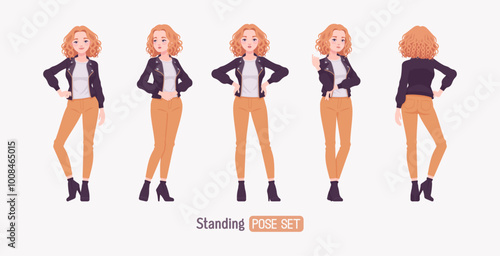 Pretty curly young trendy woman in urban autumn jacket standing set, chic fall season casual outings look, ambitious motivated female feeling confident, comfort in cooler weather. Vector illustration