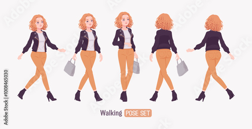 Pretty curly young trendy woman in urban autumn jacket walking set, chic fall season look for casual outings, ambitious motivated female feeling confident, comfort in cool weather. Vector illustration