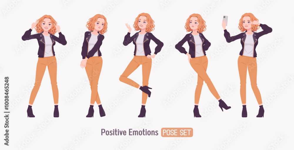 Pretty happy funny curly young trendy woman urban autumn jacket set, chic fall season look for casual outing, ambitious motivated female feeling confident, comfort cool weather. Vector illustration Pretty happy funny curly young trendy woman urban autumn jacket set, chic fall season look for casual outing, ambitious motivated female feeling confident, comfort cool weather. Vector illustration