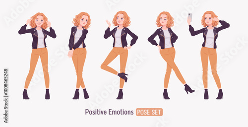 Pretty happy funny curly young trendy woman urban autumn jacket set, chic fall season look for casual outing, ambitious motivated female feeling confident, comfort cool weather. Vector illustration