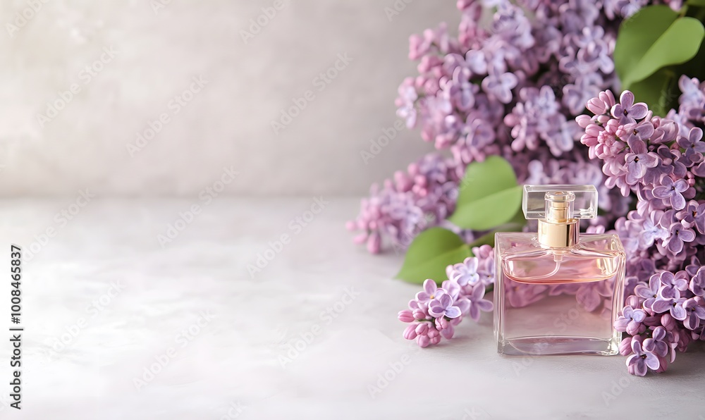 Obraz premium Elegant Lilac Flowers with Perfume Bottle Arrangement, Generative AI 