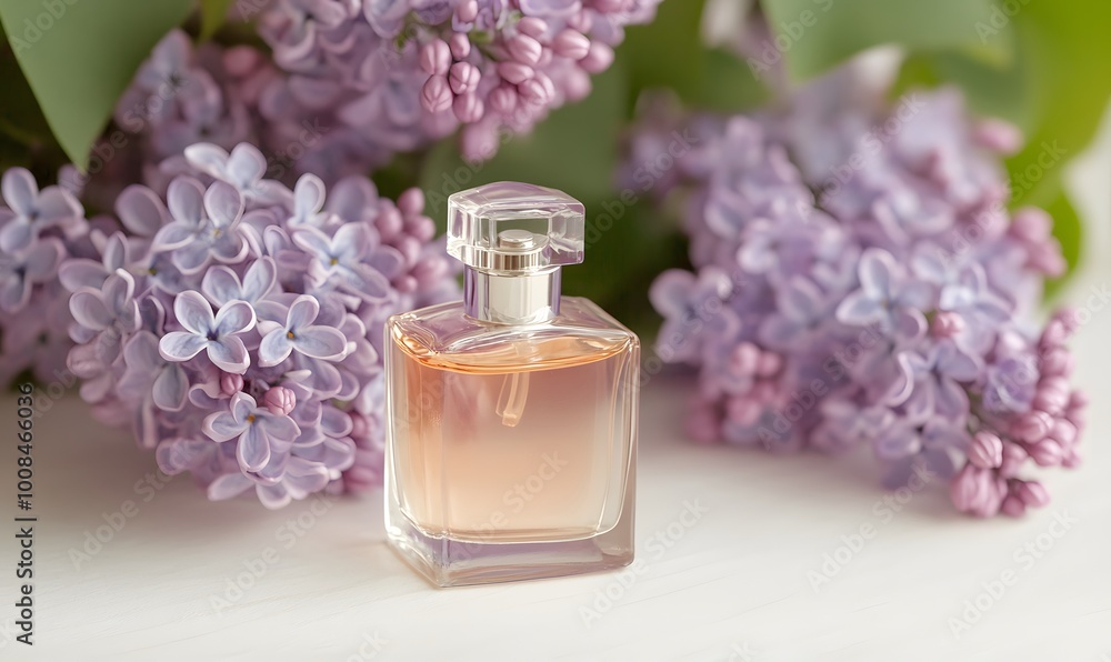 Elegant Lilac Flowers with Perfume Bottle Arrangement, Generative AI Elegant Lilac Flowers with Perfume Bottle Arrangement, Generative AI