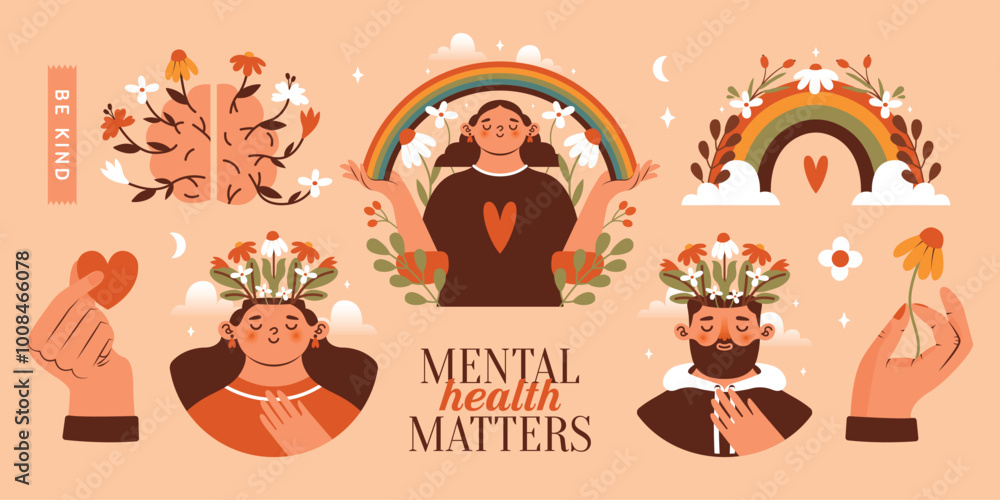 Naklejka premium Mental health matters. Collection of naive isolated illustrations with abstract person, woman, man. Flowers and plants growing from head and brain. Hands holding rainbow, heart and flower. 