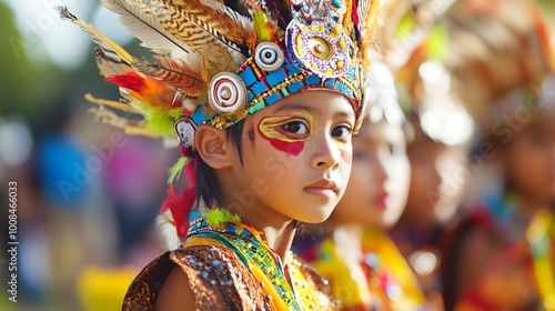 Colorful Indigenous Tribal Costume and Headdress at Cultural Festival