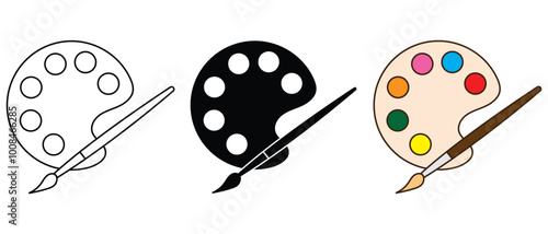 Paintbrush and palette icon, vector set. Color Paint brush silhouette, symbol set. Simple art brush and palette for social media, app, logo and web design. Vector illustration.