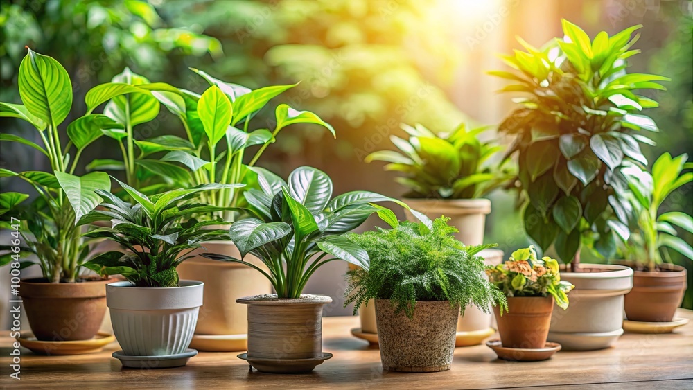 A collection of vibrant green potted plants, bathed in the warm glow of sunlight, showcasing the beauty of indoor greenery and the transformative power of nature. A collection of vibrant green potted plants, bathed in the warm glow of sunlight, showcasing the beauty of indoor greenery and the transformative power of nature.