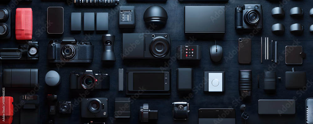 3D Illustration - Black Tech Gadgets and Cameras on a Dark Textured Background 3D Illustration - Black Tech Gadgets and Cameras on a Dark Textured Background