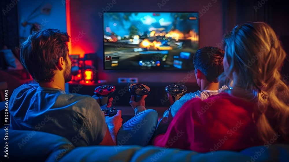 Fototapeta premium Friends Enjoying Video Game Night in Cozy Living Room