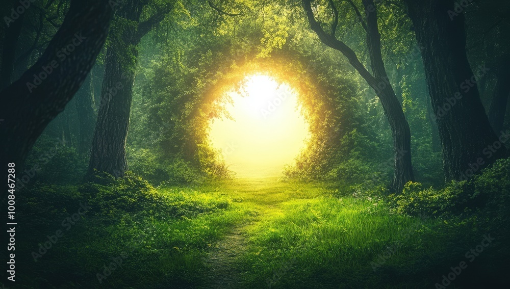 Fototapeta premium A mystical forest scene with a glowing light at the end of a green path, surrounded by tall trees and lush foliage.