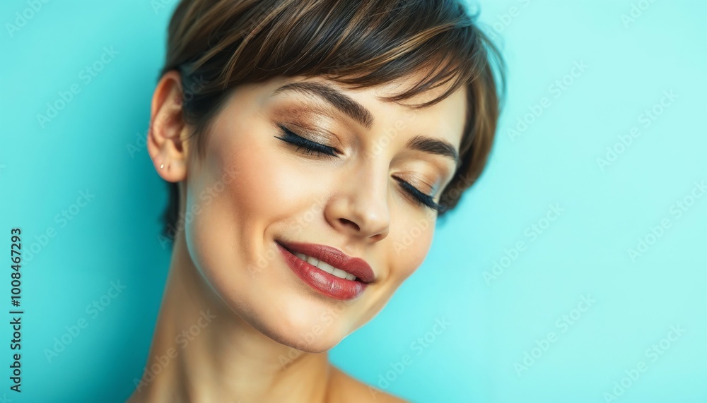 Fototapeta premium A woman with short hair is smiling, and her eyes are closed happily