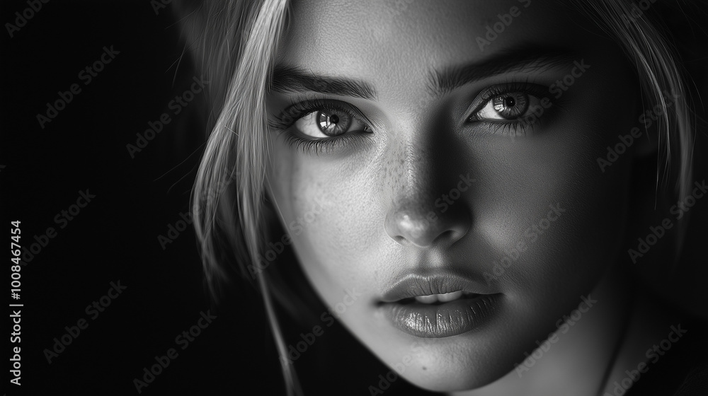 Close-Up Intense Portrait in Black and White Featuring Freckled Woman with Expressive Eyes Close-Up Intense Portrait in Black and White Featuring Freckled Woman with Expressive Eyes