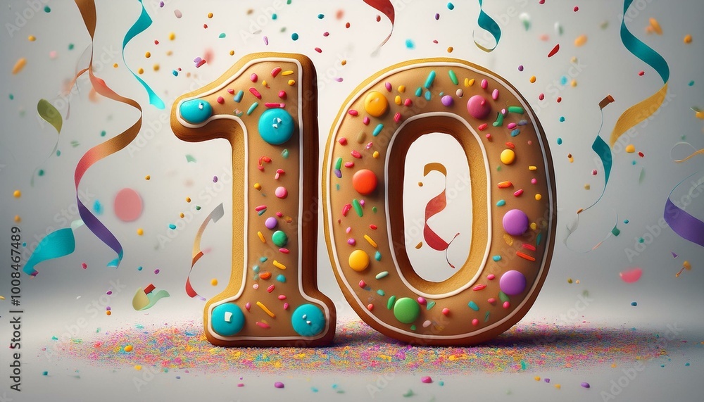 Decorated cookie, number 10, illustration for birthday or anniversary celebration Decorated cookie, number 10, illustration for birthday or anniversary celebration