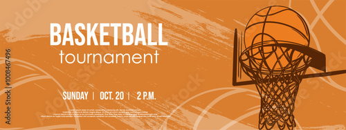 Grunge textured invitation for basketball game tournament. Sport background with basketball hoop and ball. Basketball tournament. Vector illustration