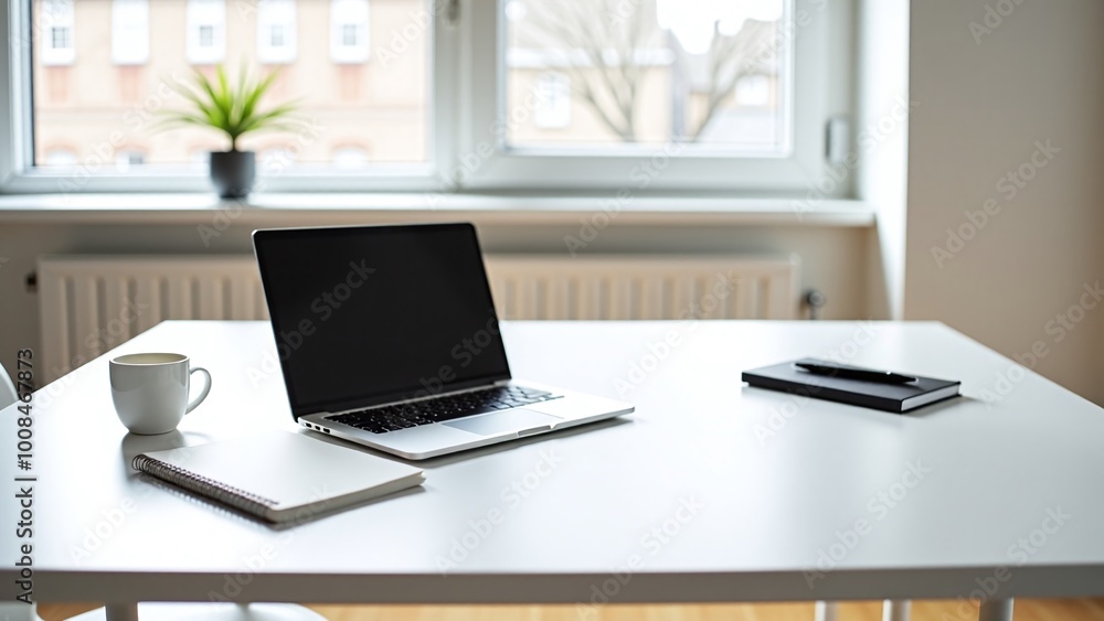 A minimalist workspace featuring a sleek laptop, a notebook with a pen, a coffee cup, and a potted plant on a white desk, set against a backdrop of large windows with soft, natural light. A minimalist workspace featuring a sleek laptop, a notebook with a pen, a coffee cup, and a potted plant on a white desk, set against a backdrop of large windows with soft, natural light.