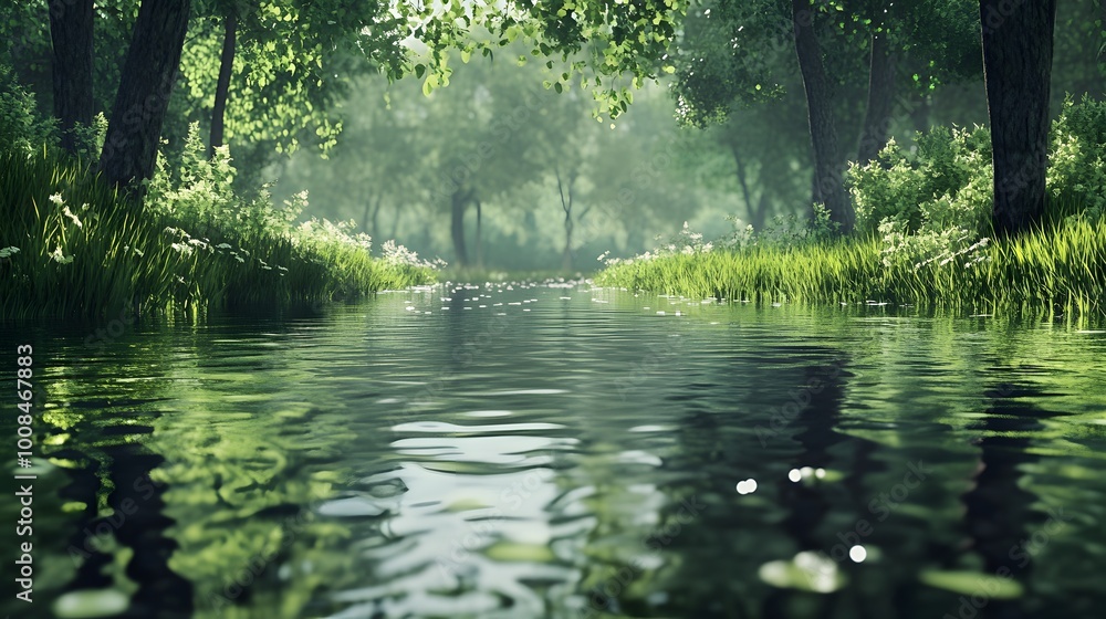 Obraz premium Serene forest landscape with a calm river and lush greenery.