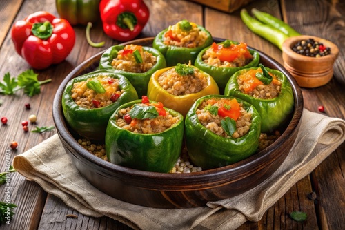 Deliciously Baked Stuffed Green Peppers with Rice, Vegetables, and Spices on a Rustic Wooden Table